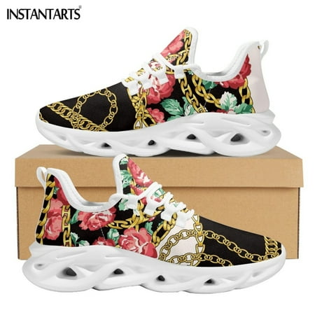 

Luxury European Baroque Design Women Lace-up Casual Sneakers Gold Chian Floral Print Comfort Mesh Shoes for Female