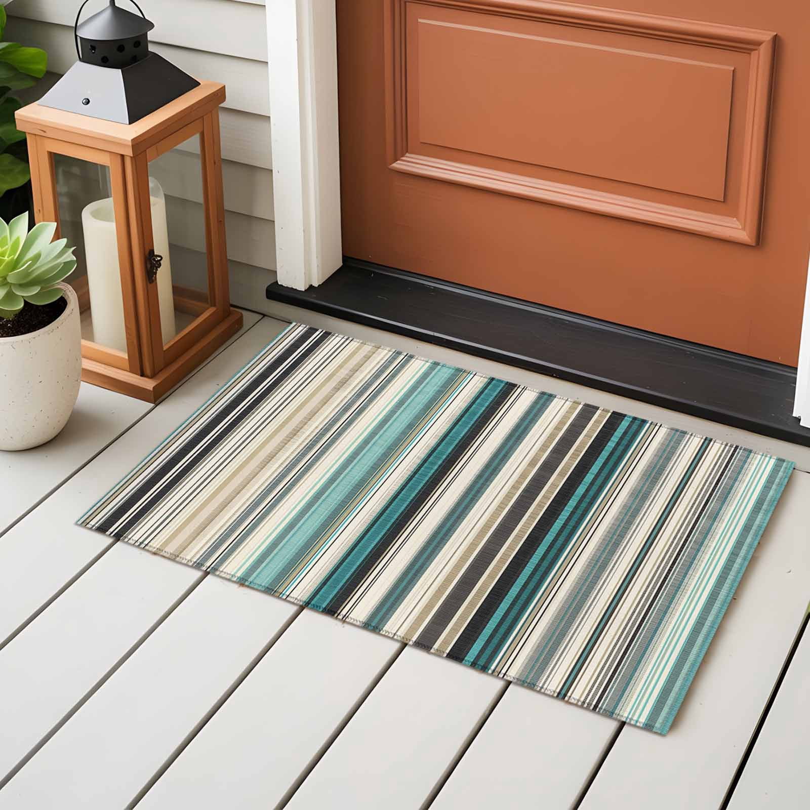 Teal Blue Striped Entryway Rug 2'x3'&nbsp; Non Slip Front Door Mats, Farmhouse Stripes Modern Abstract Art Entrance Rugs Indoor Outdoor Carpet, Washable Floor Mats Small Area Rug for Bedroom Kitchen