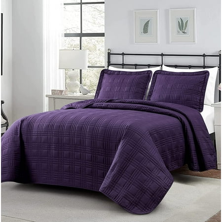 Chezmoi Collection Kingston 3-Piece Dark Purple Oversized King Bedspread Coverlet Set Lightweight Bedding Cover Quilt Set King Size