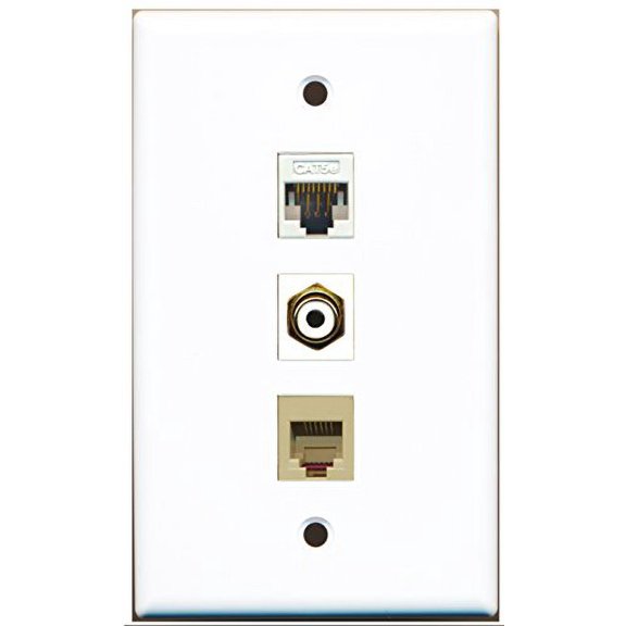 RiteAV - 1 Port RCA White and 1 Port Phone RJ11 RJ12 Beige and 1 Port Cat5e Ethernet White Wall Plate