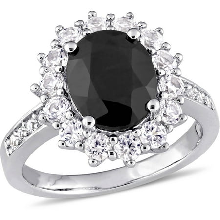 5 Carat T.G.W. Black Sapphire and Created White Sapphire Sterling Silver Halo Cocktail Ring