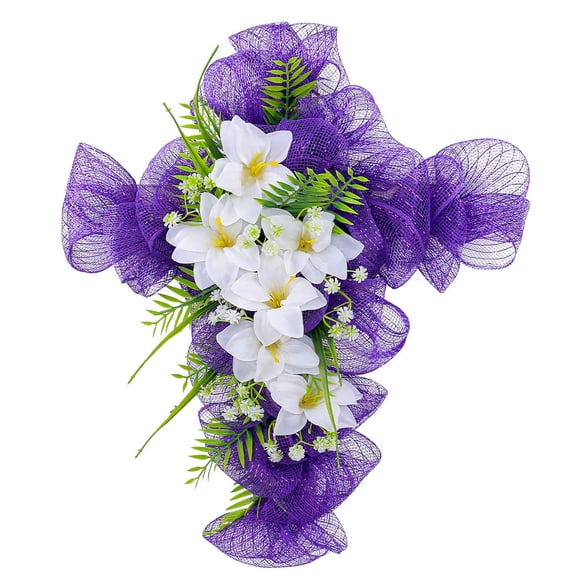Chanana Easter Wreaths for Front Door Easter Cross Artificial Lily Wreath with Greenery Easter Door Wreaths, Purple Mesh Easter Cross Wreath for Front Door Wall Window Spring Home Decor, 16.1*19.7"