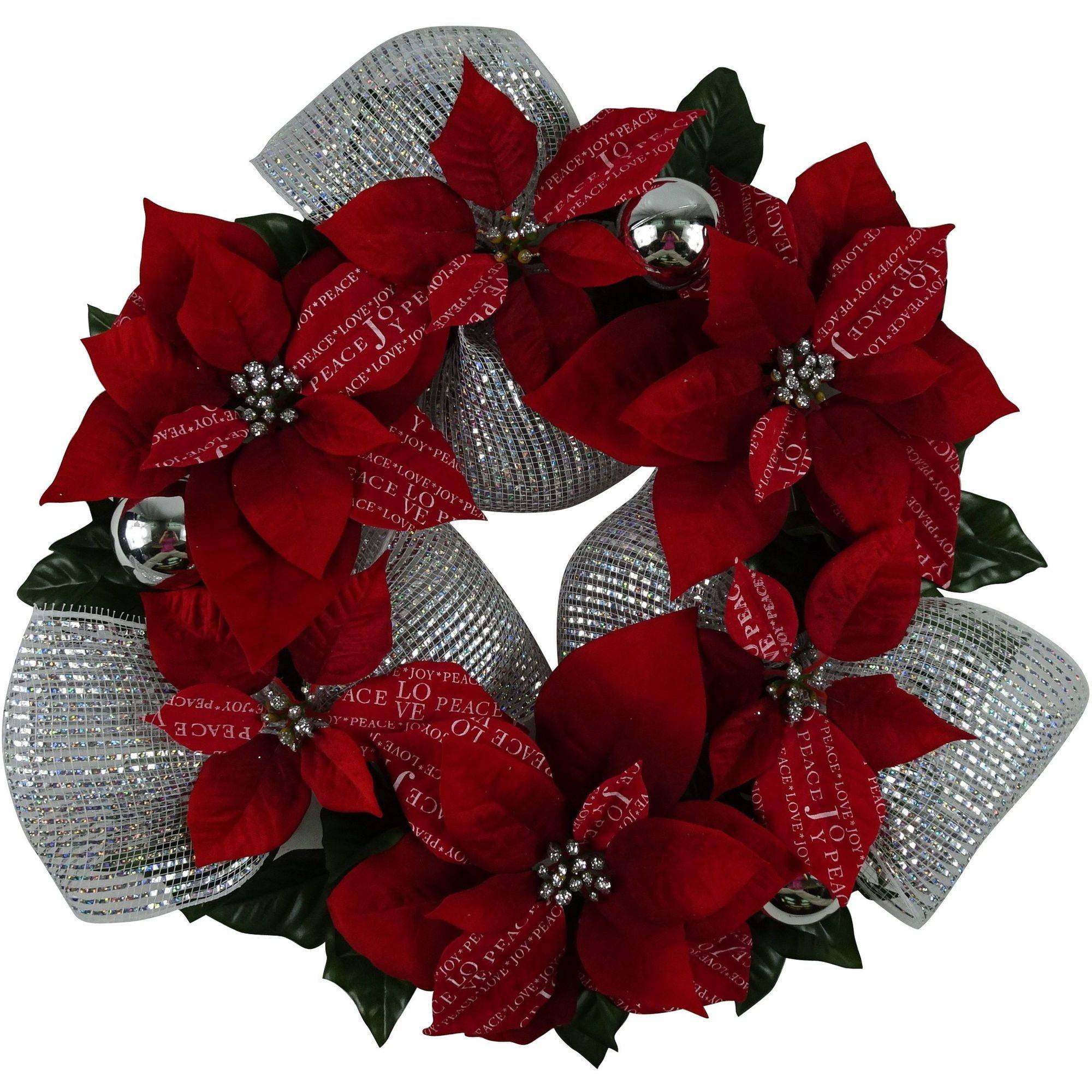 Holiday Time Christmas Decor 18" Red / Silver Poinsettia Wreath