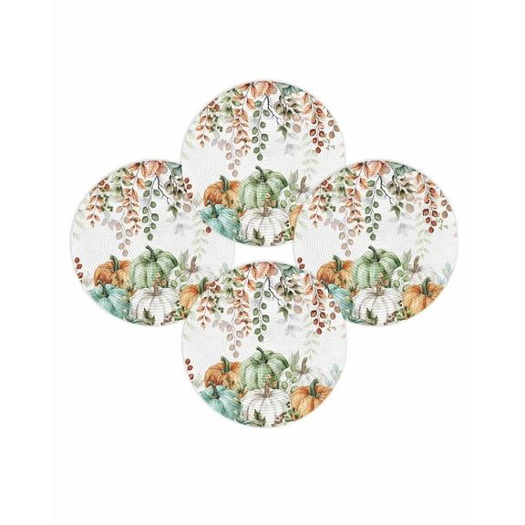 Fall Round Placemats Set of 4 Autumn Eucalyptus Leaf Place Mats Thanksgiving Woven Placemat Teal Green Maple Leaves Pumpkin Circle Braided Table Mat for Kitchen Dining Table Party Home Decor 15 Inch