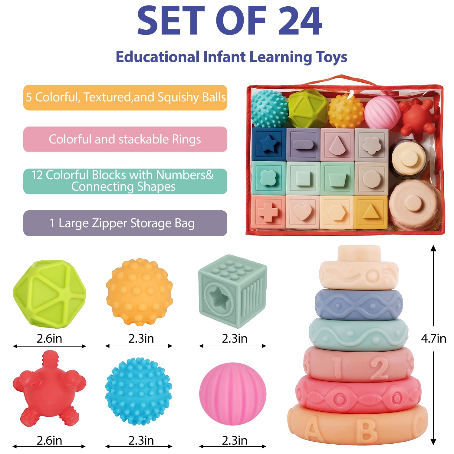 Askmuse 24PCS Montessori Toys,Baby Blocks Stacking Rings,Soft Teething Stacking Toy Set,Multi-Sensory Learning Play,Sensory Balls for Baby Toddler Development,for Ages 6M+