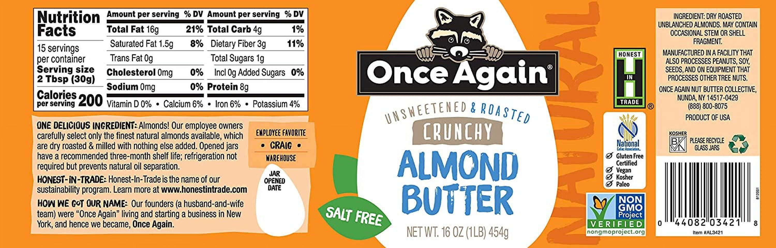 Once Again Natural Almond Butter Unsweetened & Salt Free Crunchy -- 16 oz Pack of 4