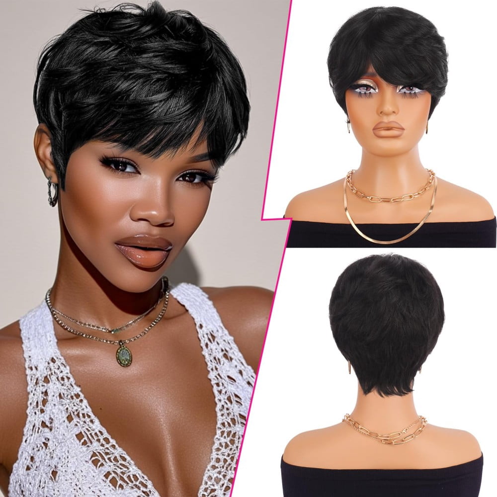 Pixie Cut Wig Human Hair Wear and Go Glueless Wigs Human Hair with Bangs Pixie Cut Wig for Women short wigs for women with BangsFull Machine Made 1B Color None Lace Front Wigs