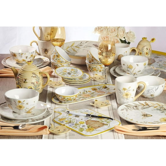 Bee Sweet 12-Piece Melamine Dinnerware Set, Service for 4, Bee & Floral Plates and Bowls, Shatterproof Outdoor Tableware for Spring & Summer Entertaining