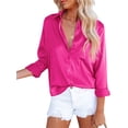 thumbnail image 2 of Qiylii Women Button Down Satin Shirts, Long Sleeve Lapel Solid Color Relaxed Fit Office Work Blouse, 2 of 4
