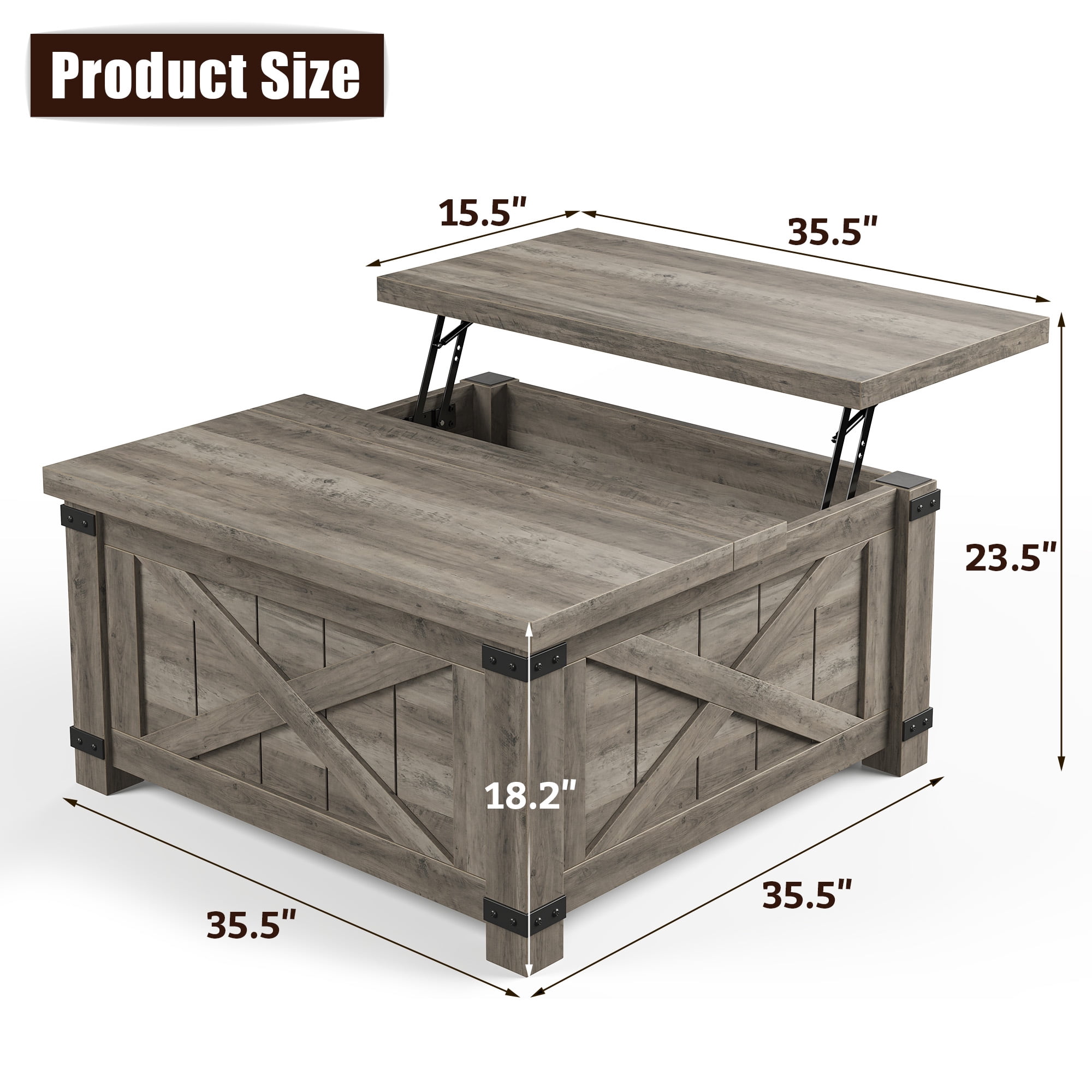 Romorgniz 35.7" W Square Lift Top Coffee Table Farmhouse Coffee Table with Large Hidden Storage Wooden Center Table for Living Room, Grey