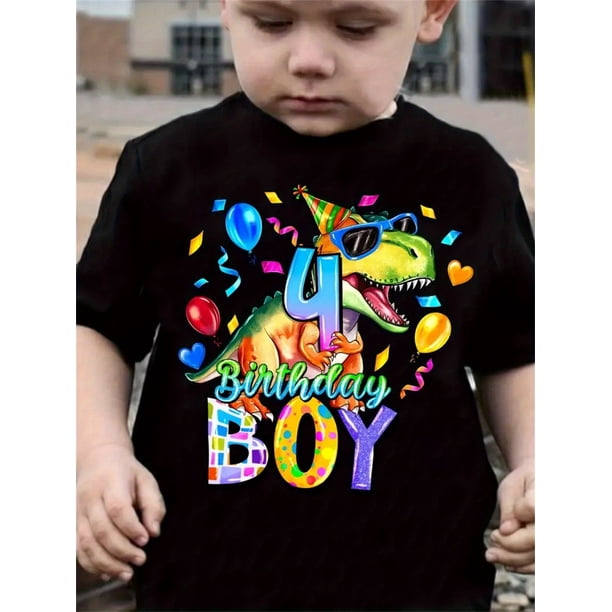 Boys' 4th Birthday Dinosaur Graphic T-Shirt - Cartoon Dinosaur with Party Hat & Balloons Print Spring Summer Fall Playwear, Party Graphic Tee | Festive Clothing | Comfortable Fit Tee, Dinosaur Toys