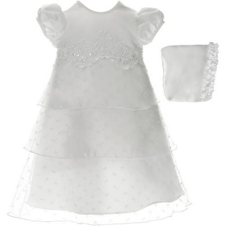 Christening Baptism Newborn Baby Girl Special Occasion Bow Pattern Organza Triple-Tiered Dress w/ Matching Hat