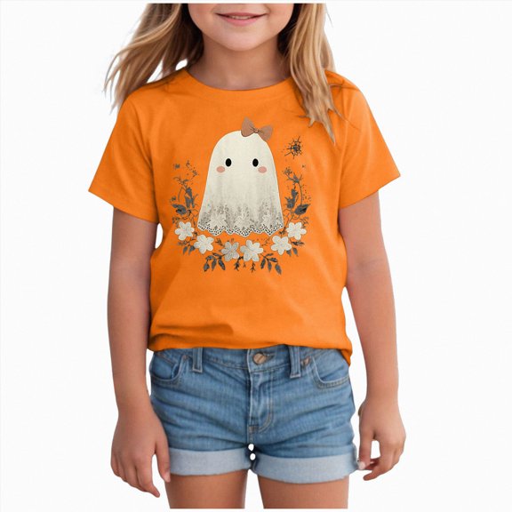 felwors Girls Ghost Graphic Halloween T-Shirt Kids Black Cat Flower Print Shirt Spooky Season Tee Short Sleeve Fall Tops(Orange,4-5 Years)