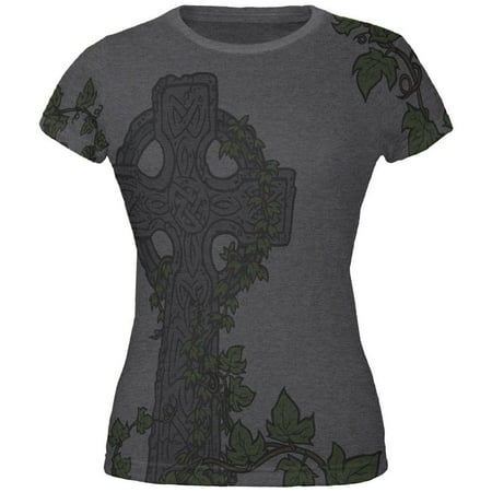 - St. Patricks Day Celtic Cross Ivy All Over Juniors Soft T-Shirt