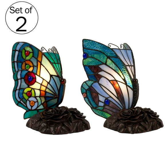 Lavish Home Tiffany Style Table Lamp Set of 2 – Glass Butterfly Light Pair