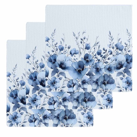 Blue Blooms Floral Kitchen Dish Towels for Drying Dishes Set of 3, Spring Flowers Botanical Blue Ombre Waffle Weave Microfiber Hand Tea Bathroom Towels Quick Dry & Absorbent Towel 12x12