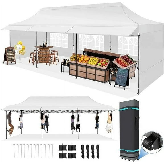 HOTEEL 10x30 ft Canopy with Extended Awning, Heavy Duty EZ Pop up Folding Canopy Tent with Roller Bag, Rainproof&Sunproof Awning Gazebo Shelter for Party Events, Market, Vendor, White