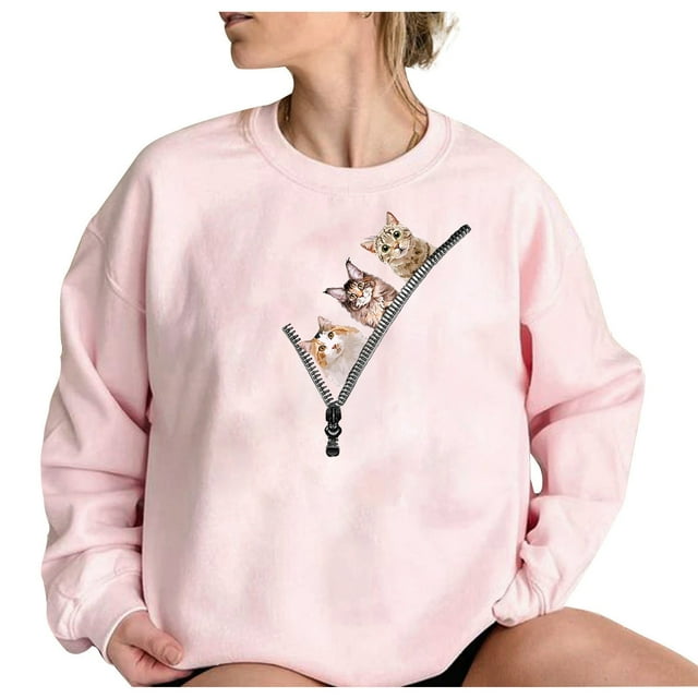 RKSTN Chandails en Molleton de Noël pour Femmes Mode Automne Décontracté Imprimé de Noël Rose Col Rond Manches Longues Léger Chandail