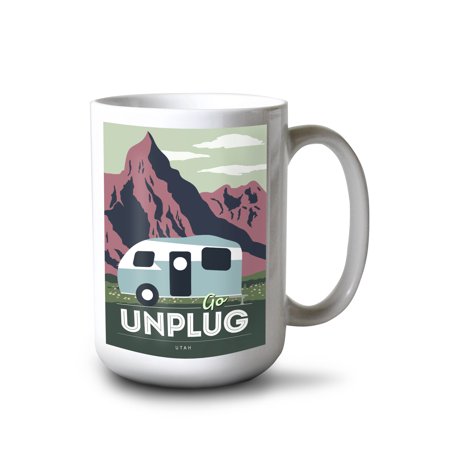 

Lantern Press 15 fl oz Ceramic Mug Utah Go Unplug Retro Camper Contour Dishwasher & Microwave Safe