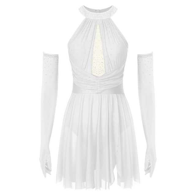 Oyolan 2 Pcs Costumes de Danse Lyrique pour Femmes Robe de Bal Fendue en Maille Froncée avec Gants Blanc TG