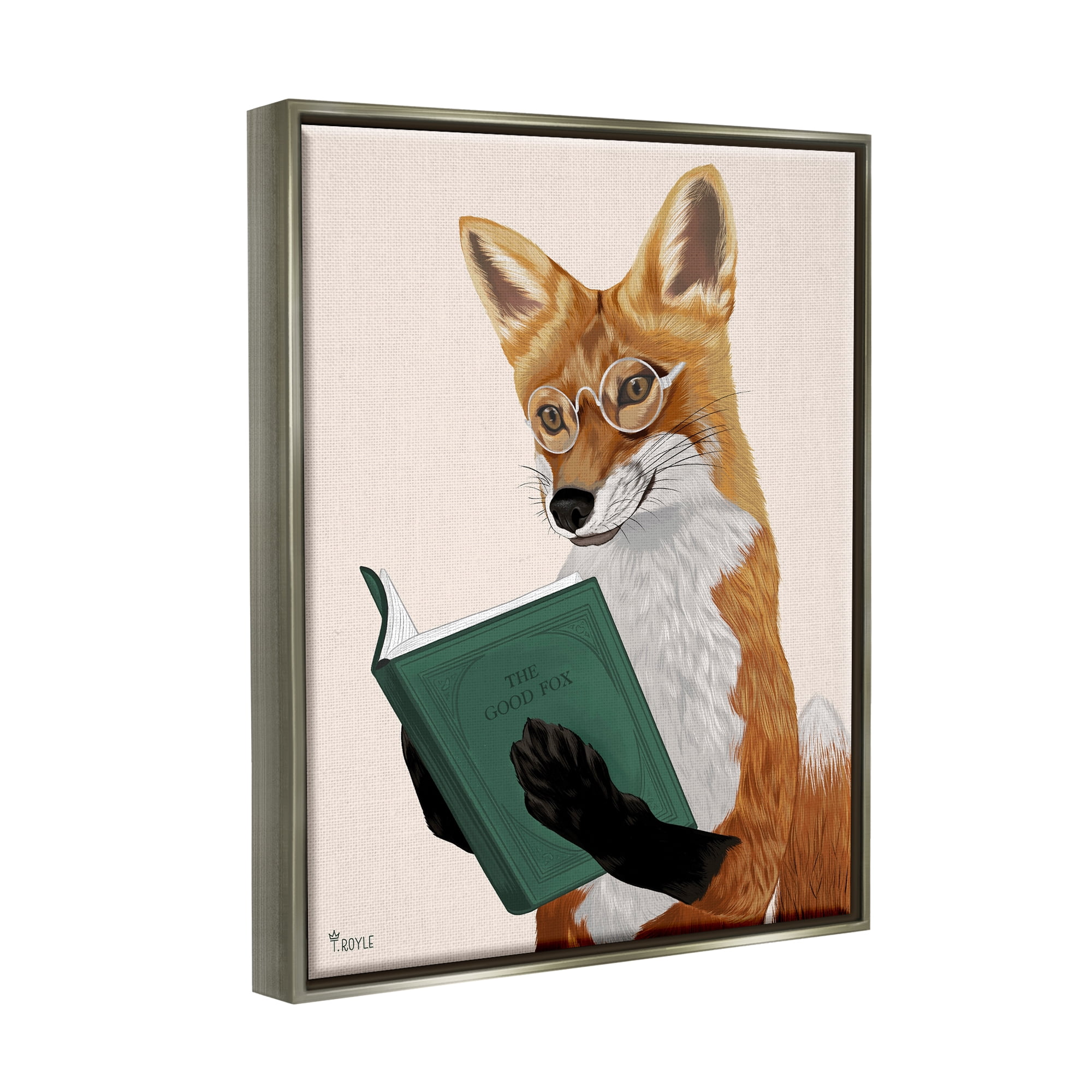Stupell Industries Wild Fox Reading Book Animals & Insects Painting Gray Floater Framed Canvas Art Print Wall Art, 25 x 31