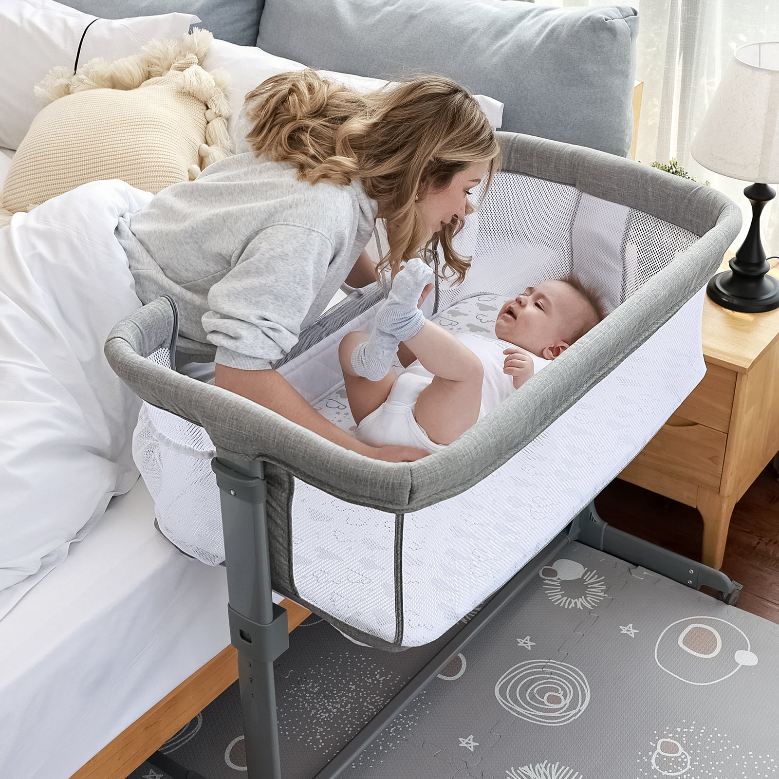 Baby Bassinet Portable 3-in-1 Crib Bassinet Beside Sleeper for Newborn Girl Boy MAMIZO Baby Bedside Sleeper Crib with Breathable Net & Wheels 