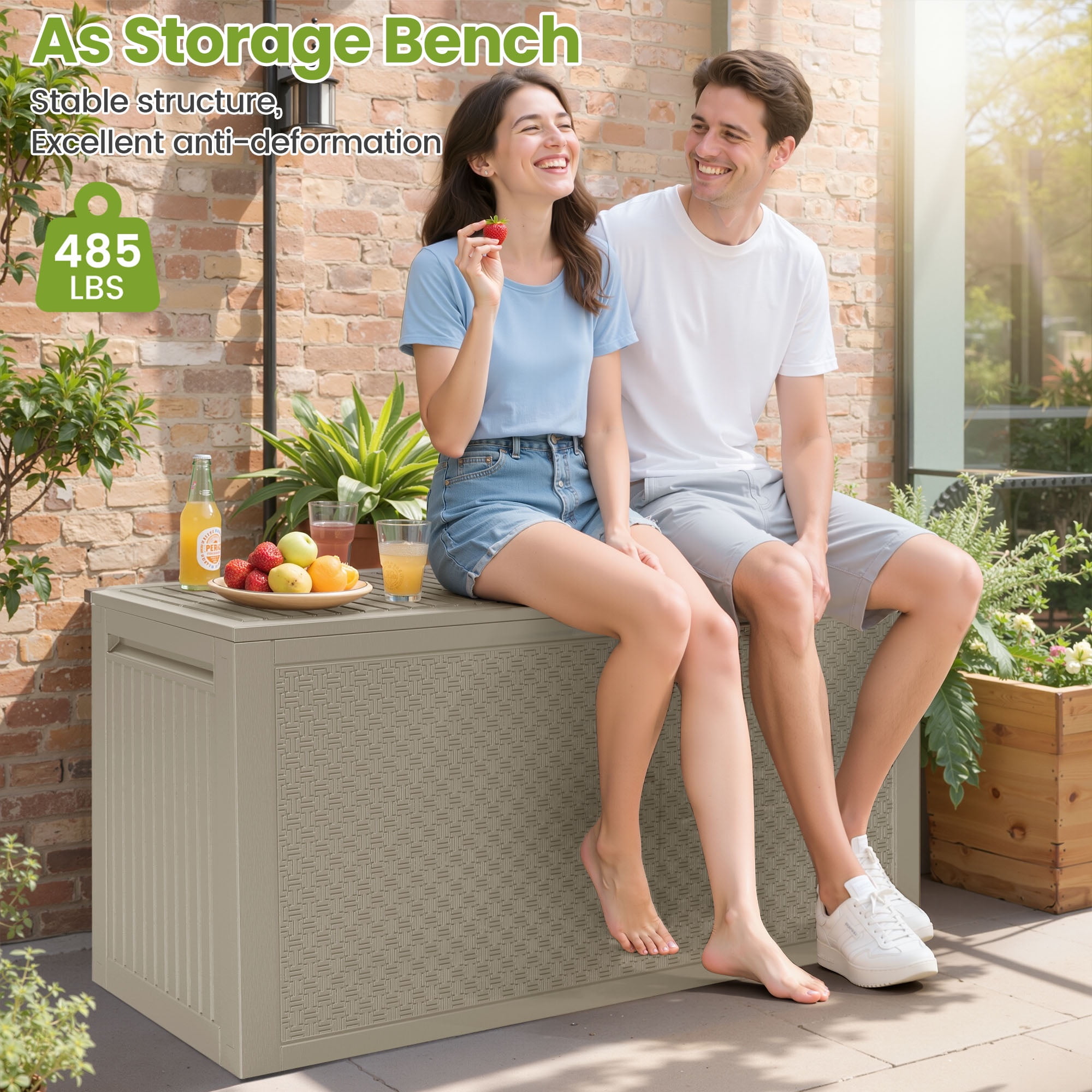 90Gal Outdoor Storage Box, Seizeen PE Rattan Patio Deck Box with