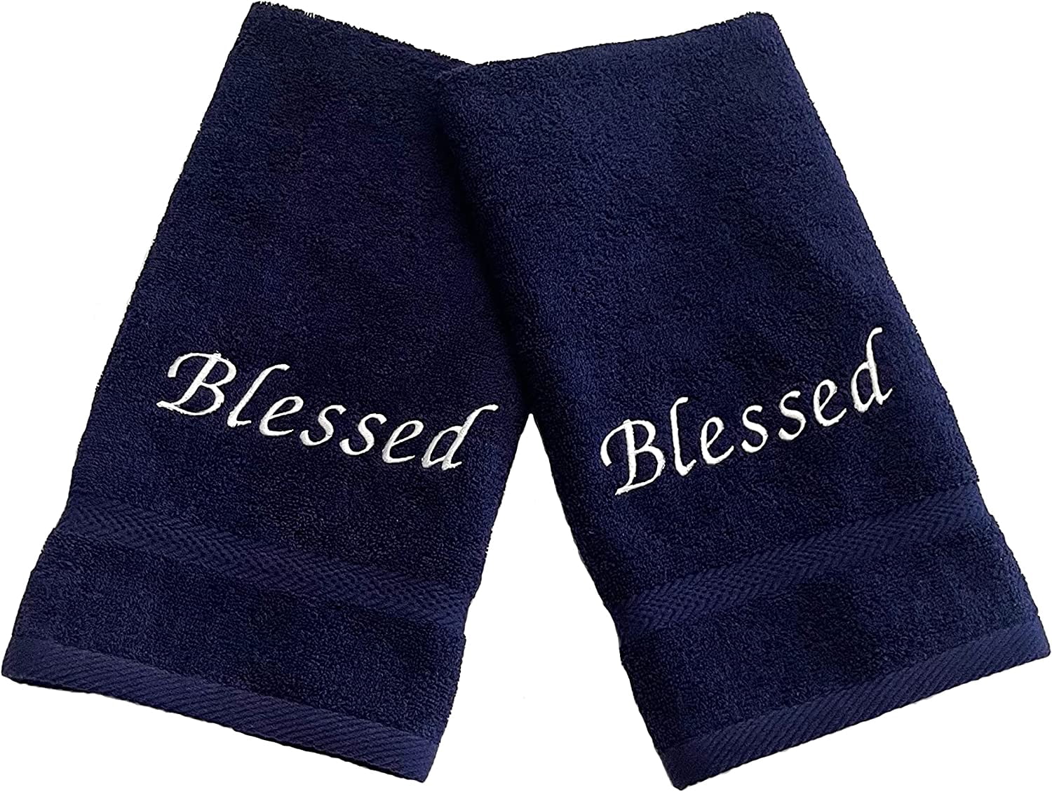 Embroidered Hand Towels with Inspirational Message: Blessed (1 Set of 2 Hand Towels) for Bathroom, Kitchen or Spa. (Navy Blue)