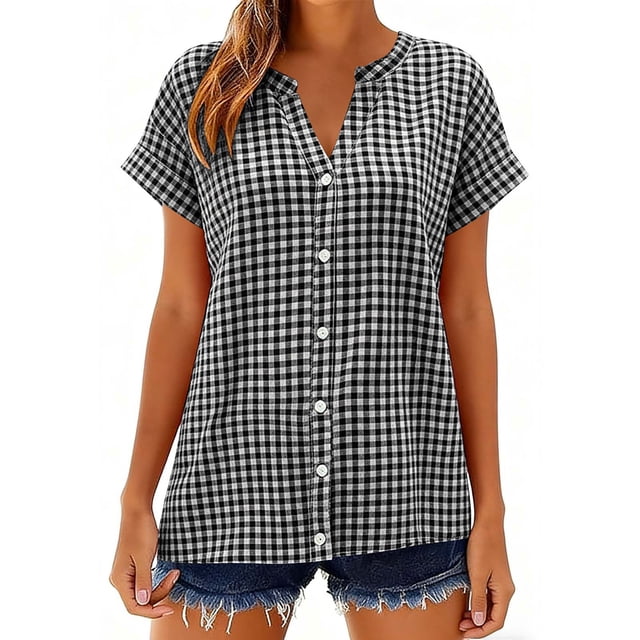 LVHAOGJOB Womens V Neck Shirts Cotton Linen Short Sleeve Tops Plus Size Pullover Button Up Loose Blouse for Ladies Ruffle