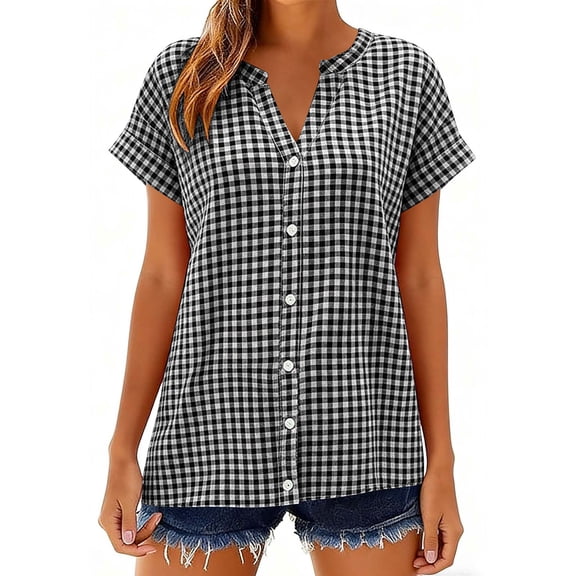 Hxlamzoo Women's Short Sleeve Blouse V Neck Checkered Pattern Button Shirts Dressy Chic