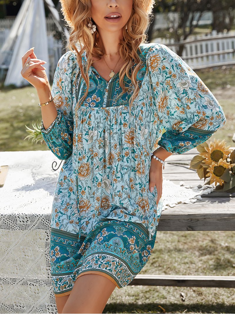 TEMOFON Women Floral Print Dresses Summer V Neck 3/4 Long Flowy Loose Dress Blue - Walmart.com