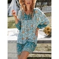 thumbnail image 5 of TEMOFON Women Casual Floral Print Dresses Summer Boho V Neck 3/4 Long Sleeve Flowy Loose Mini Dress Blue, 5 of 6