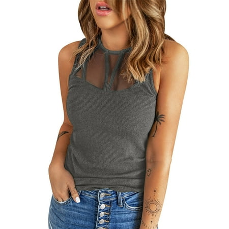 

Fsqjgq Cropped Exercise Top Women Casual Solid Sleeveless Top Shirt Vest Round Neck Splice Tanks Camis Top Cotton Camisoles for Women No Bra Polyester Spandex Grey M