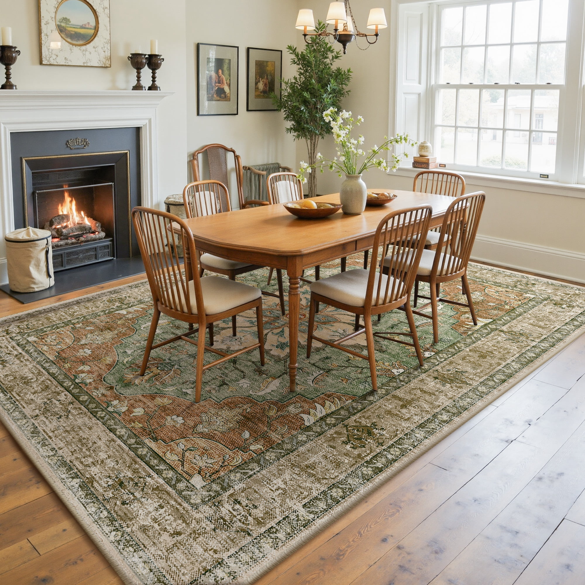 NewBuros 8'x10' Washable Area Rug for Living Room, Non Slip Vintage Distress Print Pattern Floral Rug, Soft Low Pile Indoor Carpet for Bedroom Dining Room, Brick Red Green