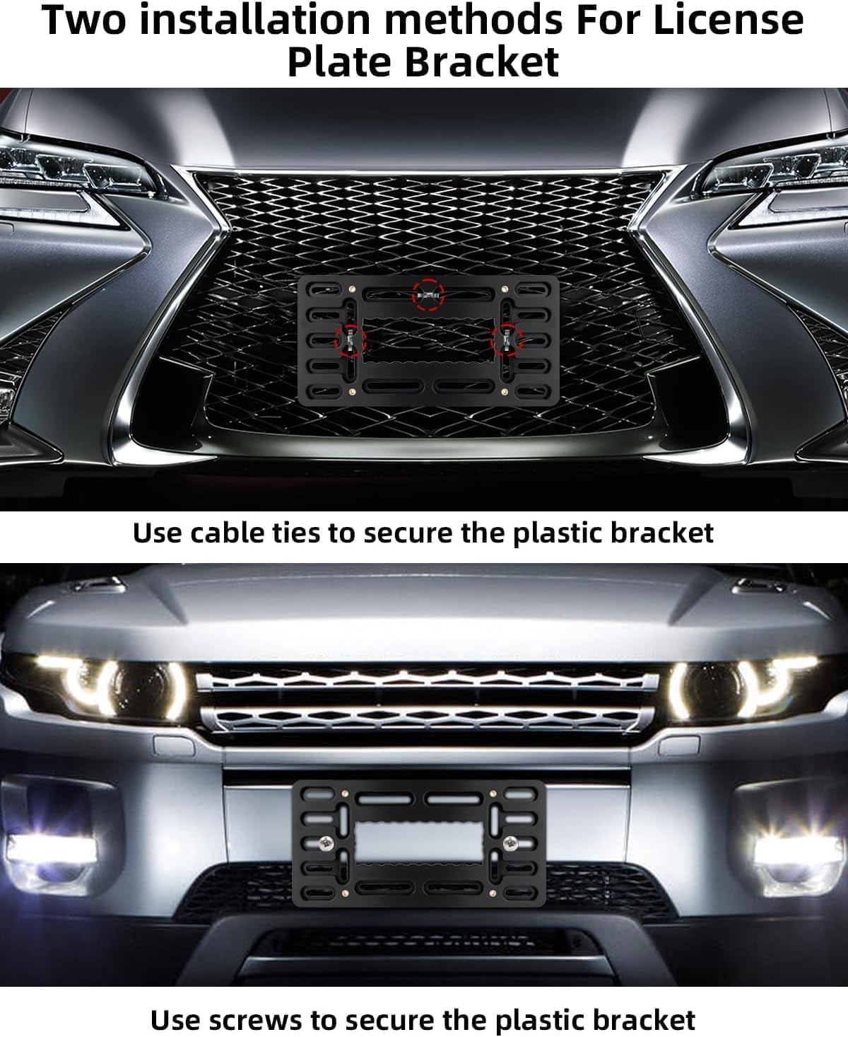 Front License Plate Bracket,No Drill Front License Plate Holder,Front License Plate mounting kit,Universal Bumper Car Frame Mount Adapter with Stainless Steel Screw Cap,Cable Ties
