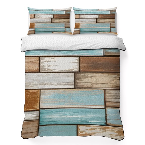 King Quilt Bedding Set, Vintage Farm Woodcuts 3 Piece Bedding Set Lightweight Breathable Quilt with 2 Pillow Shams, Blue Brown Wood Board Soft Microfiber Summer Comforter for Hot Sleepers