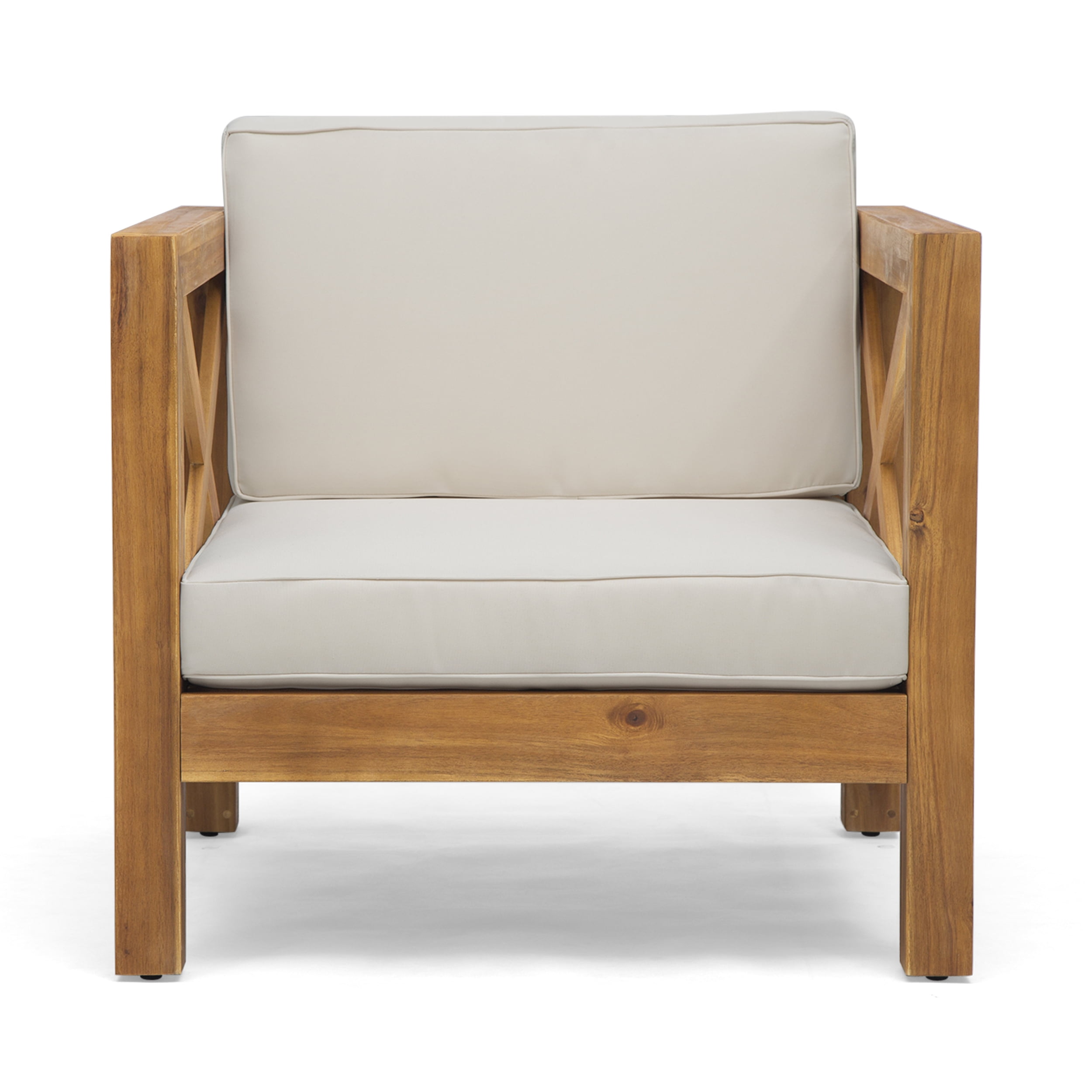 Outdoor Single Leisure Seat Chair, Acacia Wood Frame Relaxing Seat for Patio Garden, Teak and Beige