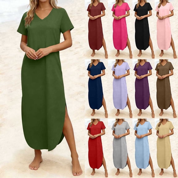 NSLGXD Beach Dresses for Women Casual Summer T-Shirt Dress Short Sleeve V Neck Maxi Dresses Solid Color Long Dress with Curved Hem and Pockets Wine Dress,Size S-2XL