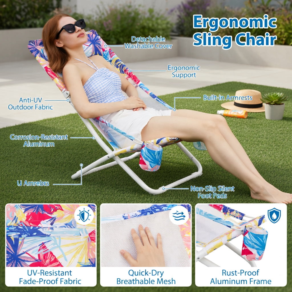 Hommoo 2-Pack Foldable Low Beach Chairs with Padded Headrest, Breathable Mesh Back & Cup Holder, Patio Sling Chairs for Outdoor, Pool, Camping, Pink