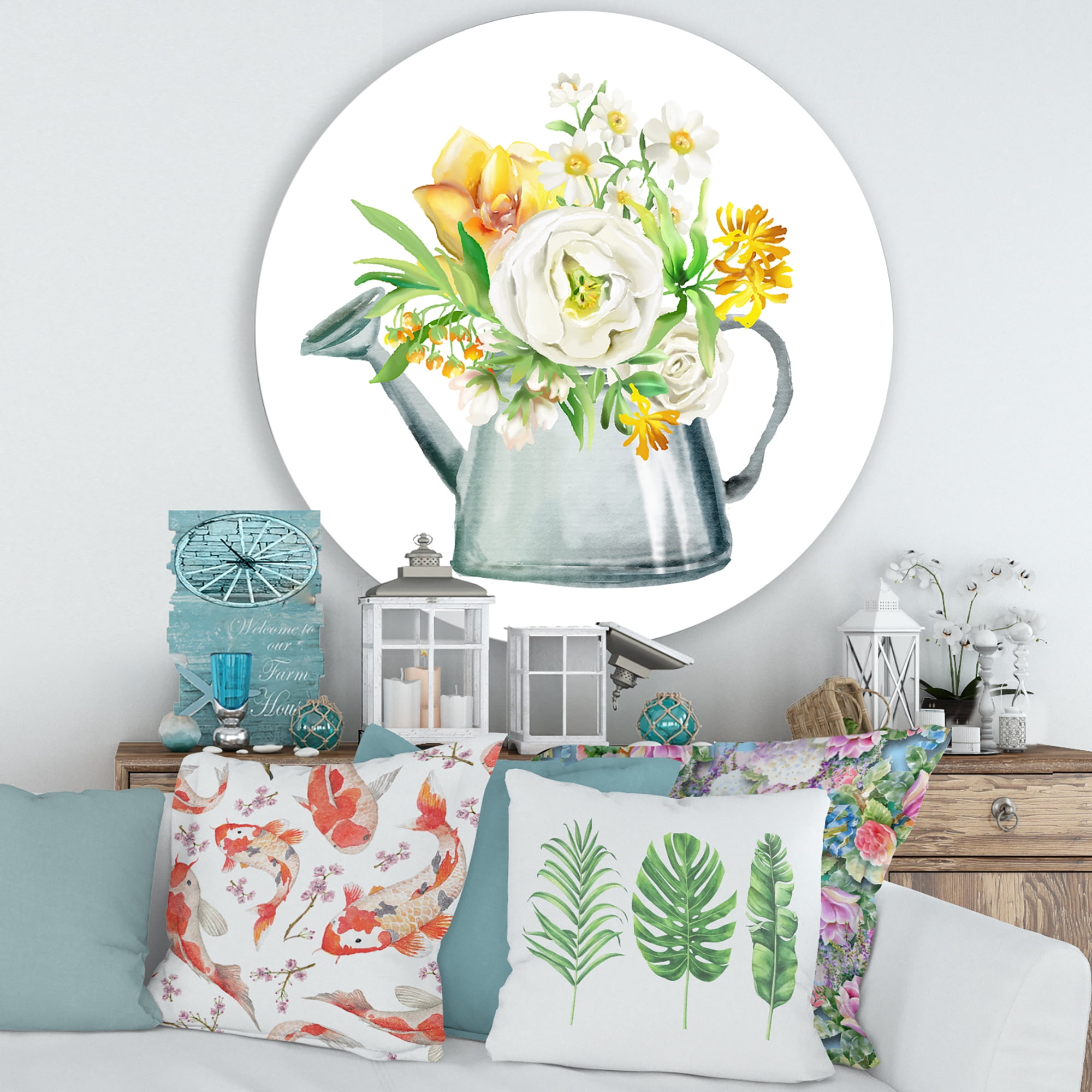 Designart 'Marigolds Roses and Peonies In Garden Watering Can' Farmhouse Circle Metal Wall Art 36x36 - Disc of 36