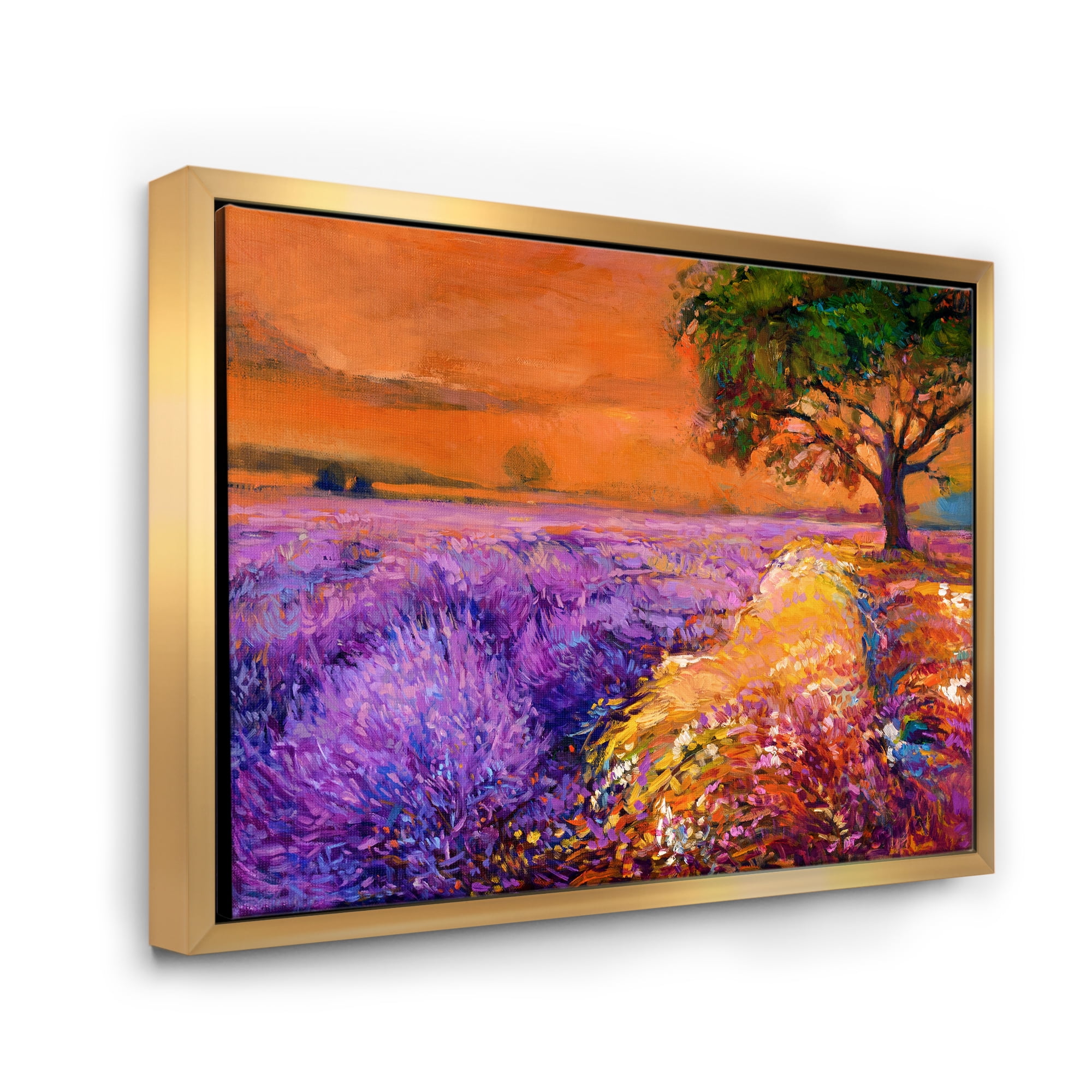 Designart 'An Orange Sunset Over Purple Lavender Fields II' Farmhouse Framed Canvas Wall Art Print