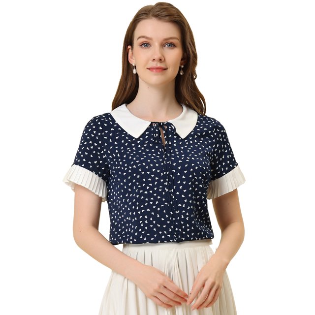INSPIRE CHIC Blouse à Manches Courtes Col Contrasté pour Femmes, Pois, Saint-Valentin, Bleu Foncé L