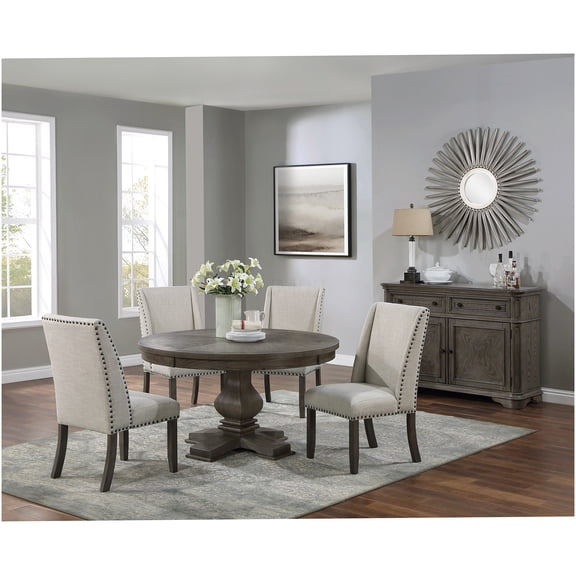 5-Piece Traditional Oak Dining Set with Round Pedestal Table and 4 Upholstered Wingback Chairs