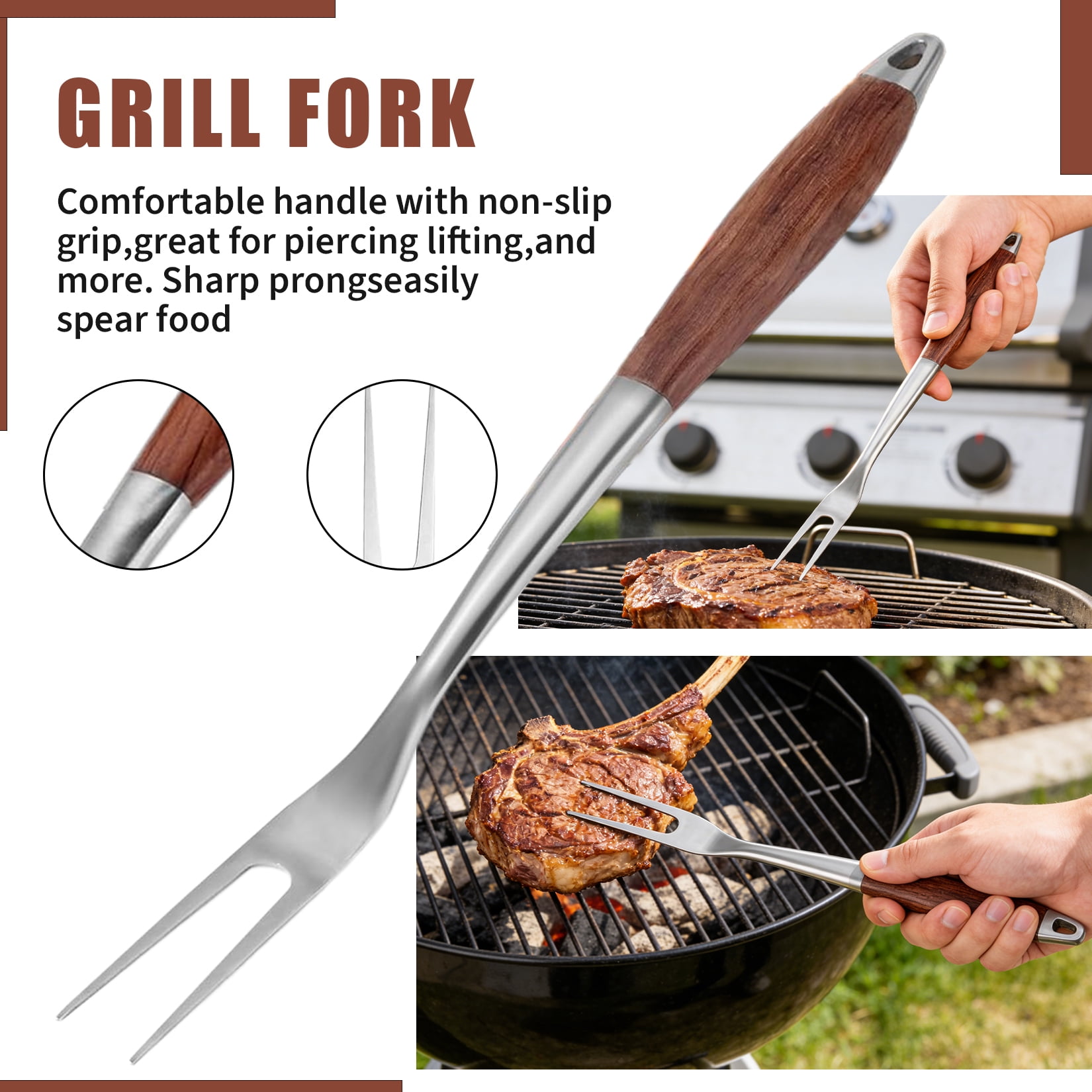 4PCS BBQ Grill Tools Set Stainless Steel Heavy Duty Grilling Accessories Kit with Spatula Tongs Fork Grill Brush Wooden Handle for Outdoor Camping Backyard Barbecue Cooking