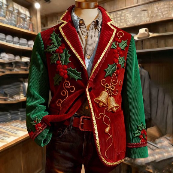Pituace Mens Corduroy Christmas Jacket Casual One Button Holiday Party Blazer Sport Coats Ugly Xmas Print Suit Jacket