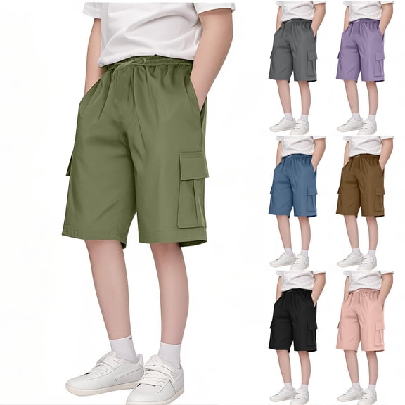 Shadoumai Boys Cargo Shorts Loose Casual Solid Drawstring Long Bermuda Shorts Knee Length Wide Leg Short Pants with Pockets