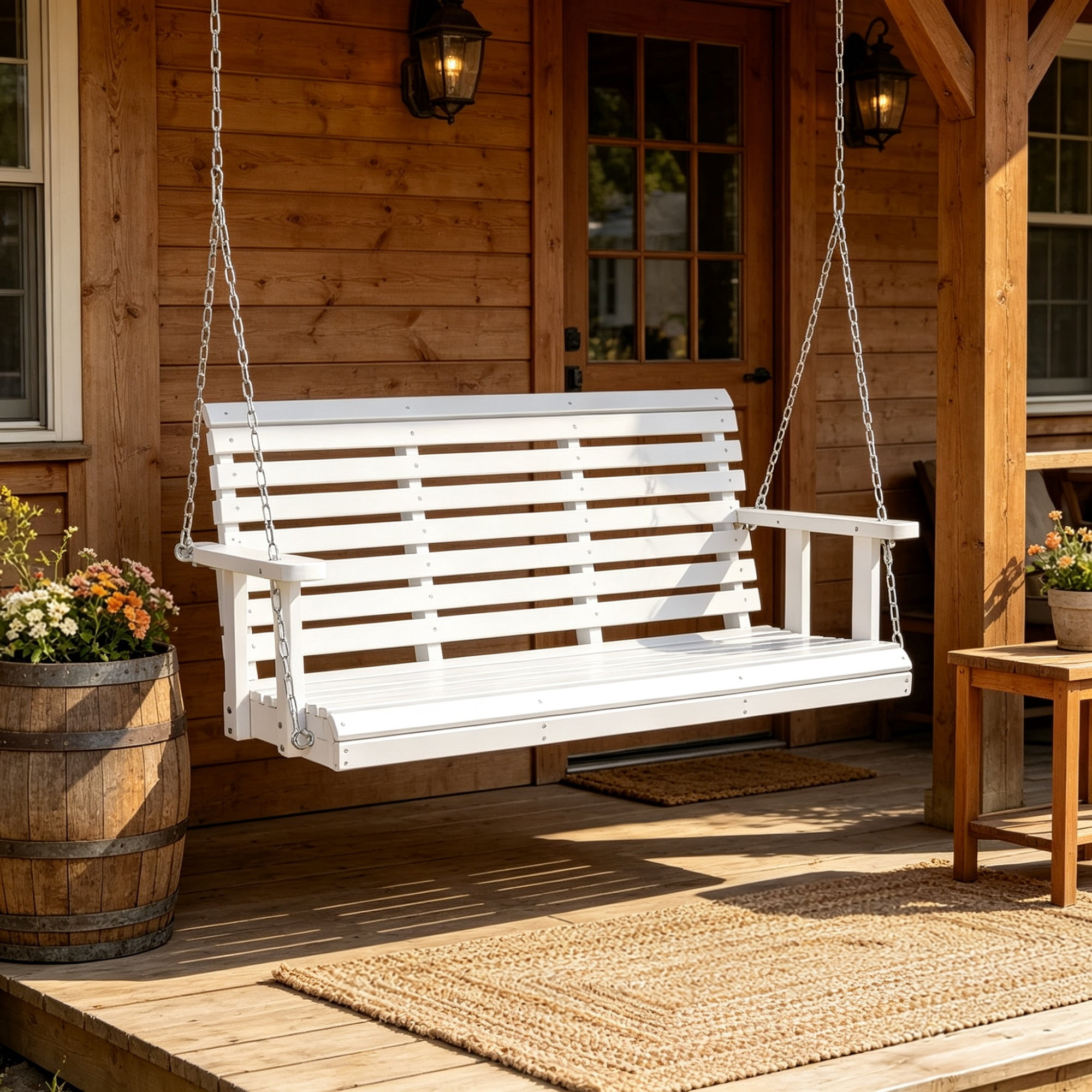 4.5ft Wooden Porch Swing with Hanging Chains, 880 lbs Heavy Duty Patio Bench Swing for Courtyard & Garden, White