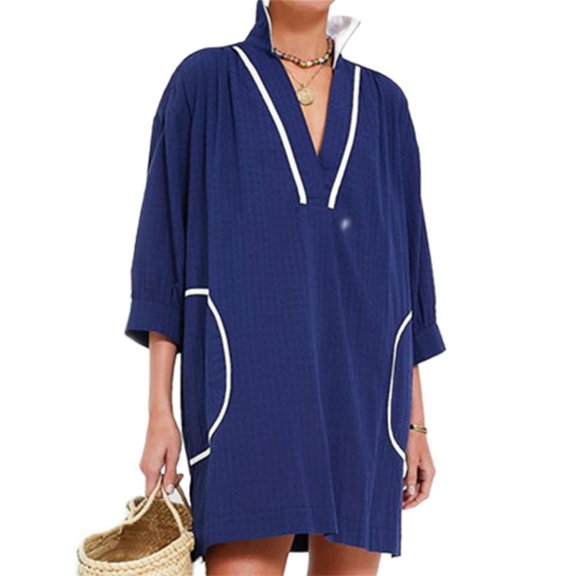 Half Sleeve Patchwork Women Loose V-Neck Mini Dress