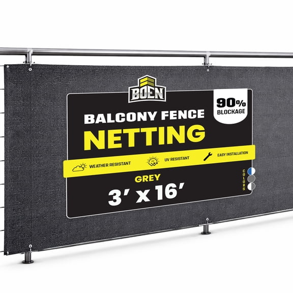 Boen 3' x 16' ft Balcony Privacy Screen, Fence Windscreen Cover UV Protection Weather-Resistant Mesh Cloth Shade Netting with Grommets for Patio, Backyard, Deck, Outdoor Porch, Railing - Grey