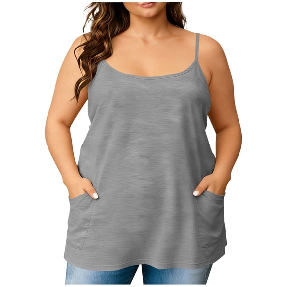 Womens Plus Size Oversized Spaghetti Strap Scoop Neck Cami Tops with Pockets Casual Sleeveless Summer Loose Fit Camisoles,Gray,XXL